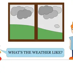 Bambina chiede "What's the weather like?" guardando fuori dalla finestra nuvolosa.
