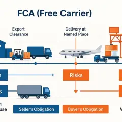 Schema zu FCA (Free Carrier): Exportabfertigung, Kosten & Risiken vom Verkäufer zum Käufer, Lieferung an benanntem Ort.