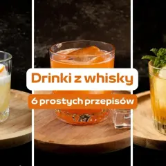 Trzy drinki z whisky: jeden z pianką i skórką pomarańczy, drugi pomarańczowy z lodem, trzeci złoty z miętą.
