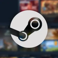 Logo Steam na tle rozmytych okładek gier.