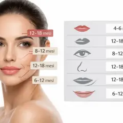 Volto di donna con indicazioni temporali per trattamenti estetici volti a togliere le rughe.