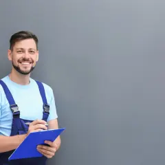 Técnico sonriente con mono azul y camiseta clara, escribiendo en una carpeta azul. Listo para limpiar aire acondicionado.