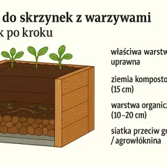 Warzywniak w skrzyniach z warstwami: ziemia kompostowa, warstwa organiczna i siatka. Idealny do uprawy warzyw.