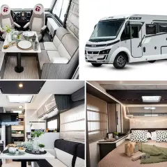 Intérieur d'un camping-car moderne : salon face à face, cuisine, chambre douillette. Un espace de vie confortable pour vos voyages.