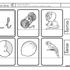 Ficha para practicar la letra L. Muestra la letra L, lana, león, loro, luna, limón y una cara.