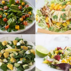 Cuatro ensaladas vibrantes: salmón y aguacate, calamar a la parrilla, queso y aguacate, y una refrescante ensalada de mango con frambuesas.
