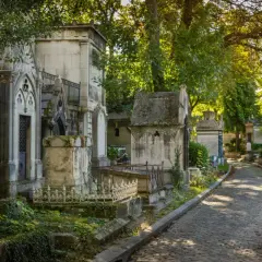 Allée pavée dans un cimetière verdoyant, bordée de mausolées. Idéal pour un modèle de lettre pour renouvellement de concession cimetière.