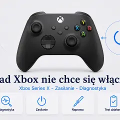 Czarny pad Xbox Series X nie chce się włączyć. Ikony sugerują diagnostykę, zasilanie, naprawę i test działania.