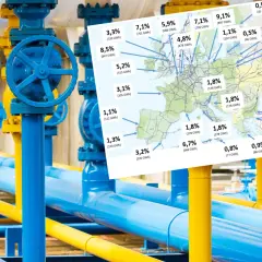 Mapa pokazuje skąd Polska bierze gaz, z widocznymi rurociągami i procentowym udziałem dostaw.