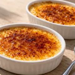 Deux ramequins de crème brûlée, leur croûte caramélisée dorée et craquante, prêts à être dégustés. La cuisson est parfaite.