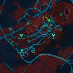 Mapa z gry Cyberpunk 2077 z zaznaczonymi celami misji i trofeami. Widoczne ikony wskazują lokalizacje przeciwników i zadań.
