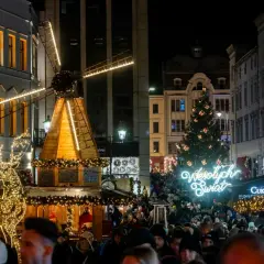 Tłum ludzi na jarmarku bożonarodzeniowym w Kujawsko-Pomorskiem. Świecący renifer, drewniany wiatrak i choinka tworzą magiczną atmosferę.