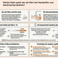 Die Grafik erklärt die Rolle des pH-Werts bei Handseifen. Sie zeigt, wie alkalische Seifen den Säureschutzmantel der Haut belasten können, während pH-hautneutrale Produkte schonender sind.