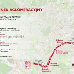 Mapa pokazuje przebieg nowej linii kolejowej PKM Południe w Gdańsku, łączącej dzielnice z centrum.