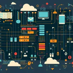 Schéma complexe de systèmes connectés, rappelant un code YAML exemple. Nuages, écrans, engrenages et flux de données.