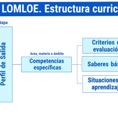 Diagrama de la estructura curricular de la LOMLOE con objetivos, competencias, saberes básicos y criterios de evaluación.