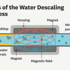 Schéma illustrant le fonctionnement d'un désemboueur magnétique : des minéraux d'eau dure traversent un champ magnétique pour prévenir l'entartrage.