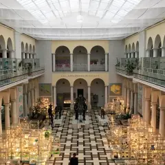 Wnętrze muzeum sztuki w Polsce z gablotami pełnymi eksponatów, rzeźbami i arkadami.