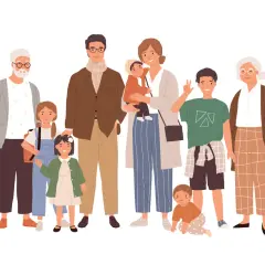 Ilustracja przedstawia wielopokoleniową rodzinę: dziadków, rodziców, dzieci i niemowlę.