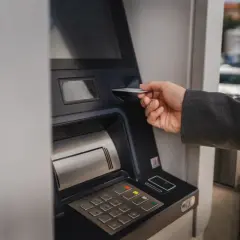 Dłoń wsuwa kartę do bankomatu, by sprawdzić, ile można wypłacić.