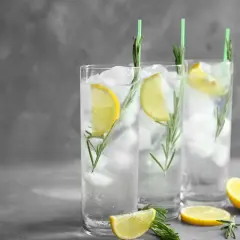 Trzy orzeźwiające gin fizz z lodem, plasterkami cytryny i gałązkami rozmarynu, ozdobione zielonymi słomkami.