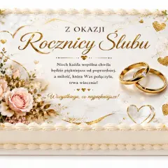 Elegancki tort na 1 rocznicę ślubu z różami, złotymi sercami i obrączkami. Życzenia "Wszystkiego, co najpiękniejsze!".