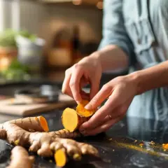 Ręce przygotowują świeżą kurkumę do użycia. Zobacz, jak stosować kurkumę w kuchni i zdrowiu.