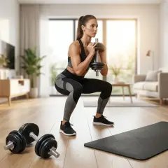 Kobieta wykonuje przysiad z hantlem, realizując swój plan treningowy push pull legs. Obok leżą hantle i mata.