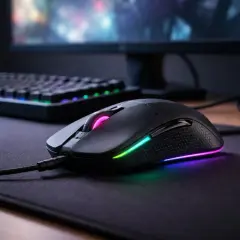 Czarna myszka dla dzieci z kolorowym podświetleniem RGB, gotowa do gry na podkładce obok podświetlanej klawiatury.