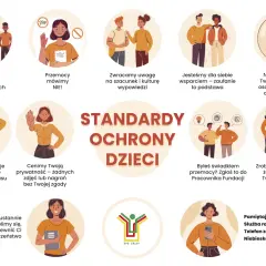 Grafika o standardach ochrony dzieci. Pokazuje tolerancję, sprzeciw wobec przemocy, szacunek, wsparcie i prywatność. Zwalczamy dyskryminację w szkole.