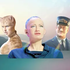 A drawing exploring the uncanny valley: a cat-woman hybrid, a robot, and a train conductor.