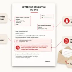 Modèle de lettre de résiliation de bail, avec champs pour les coordonnées du locataire, du bailleur et l'adresse du logement.