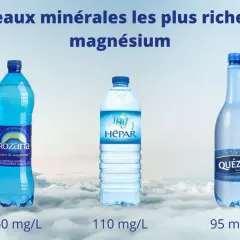 Trois bouteilles d'eau minérale : Rozana (160 mg/L), Hépar (110 mg/L) et Quézac (95 mg/L), montrant l'eau riche en magnésium bienfait.