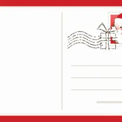 Postal blanca con borde rojo, lista para tu carta para colorear de Papá Noel. Sello con su cara y matasellos de regalo.