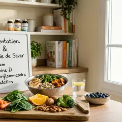 Alimentation et maladie de Sever : une assiette saine avec poulet, quinoa, brocolis, patates douces, fruits et noix. Le tableau liste calcium, vitamine D, anti-inflammatoires et hydratation.