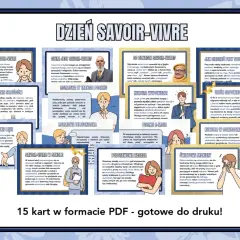 Zasady savoir vivre jak czytać. Grafika przedstawia 15 kart z poradami dotyczącymi dobrych manier, od zachowania przy stole po pisanie e-maili.