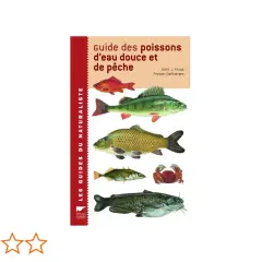 Guide des poissons d'eau douce et de pêche, illustrant un petit poisson de rivière, un perche, une carpe, un poisson-chat et un crabe.