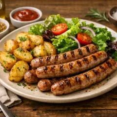Assiette de chipolatas d'origine française grillées, accompagnées de pommes de terre rôties et d'une salade fraîche.
