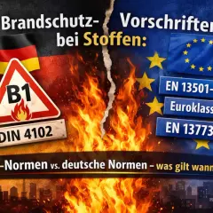 Brandschutz bei Stoffen: Deutsche Norm DIN 4102 (B1) vs. EU-Normen wie EN 13501-1.