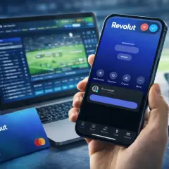 Telefon z aplikacją Revolut w dłoni, obok karta Revolut i laptop z ekranem gry. Dowiedz się, jak płacić telefonem Revolut.