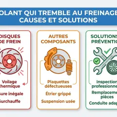 Illustration expliquant les causes du volant qui tremble au freinage : voilage, usure, surchauffe des disques, plaquettes défectueuses, étrier grippé, suspension usée. Solutions : inspection, remplacement, conduite adaptée.