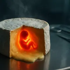 Un embryon lumineux est niché au cœur d'un brie de Meaux, comme une nouvelle vie en gestation.