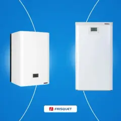 Deux chaudières Frisquet, l'une compacte et l'autre plus haute, sur fond bleu. Avis sur la chaudière Frisquet : efficacité et design.