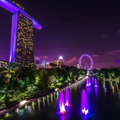 Nocny Singapur zachwyca iluminacją. Marina Bay Sands, diabelski młyn i futurystyczne drzewa w Gardens by the Bay tworzą magiczny widok, idealny na wizę do tego miasta.