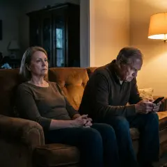 Coppia anziana seduta sul divano, lei pensierosa, lui al telefono. Si percepisce la sensazione di non sentirsi capiti dal partner.
