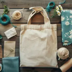 Materiali per creare borse fai da te: tela grezza, tessuti stampati, spago e fili colorati.