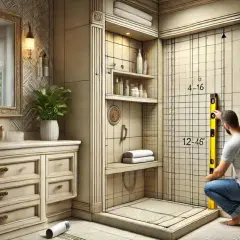 Un homme vérifie la hauteur de la niche de douche avec un niveau. La pièce est décorée dans des tons clairs et comprend un lavabo, une toilette et des étagères.