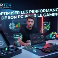 Un homme optimise son PC gaming pour de meilleures performances. L'image montre des icônes de CPU, RAM, SSD, GPU et FPS.