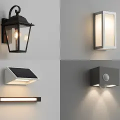 Cztery kinkiety zewnętrzne: klasyczny lampion, nowoczesny prostokąt, solarny z panelem i z czujnikiem ruchu. Różne style i na jakiej wysokości kinkiety zewnętrzne można zamontować.