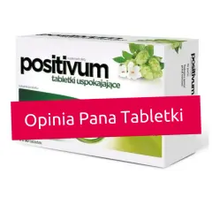 Opakowanie tabletek uspokajających **positivum** z chmielem i melisą. Widoczna czerwona wstęga z napisem "Opinia Pana Tabletki".